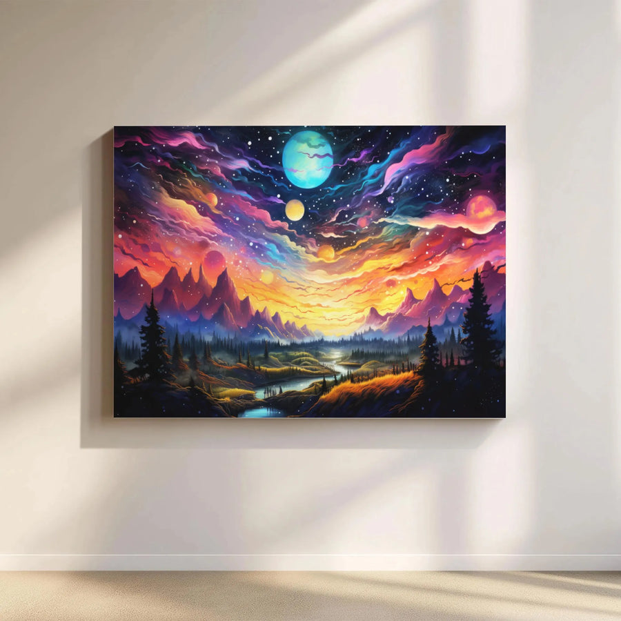 Cosmic Galaxy Mountain Landscape Canvas | Vibrant Surreal Sunset Art | Premium 1.25-Inch Gallery Wrap | Celestial Home Decor Wall Art