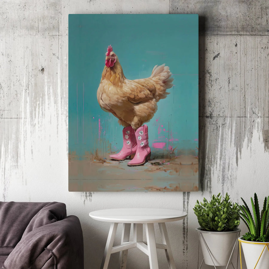Chicken Wearing Pink Cowboy Boots Wall Art | Whimsical Farmhouse Canvas Print | Premium Gallery Wrap Decor | Farmhouse Kitchen Gift for Her