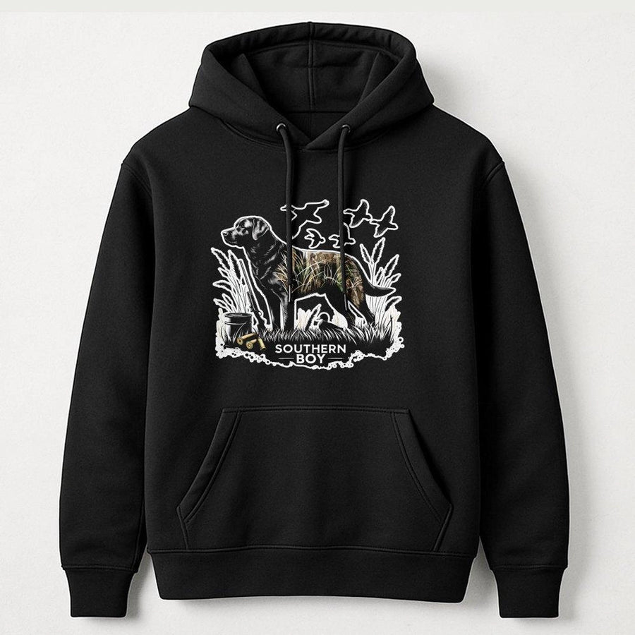Southern Boy Duck Hunting Hoodie | Black Lab Camo Graphic | Premium Cotton Blend | Gift For Country Hunters And Outdoorsmen