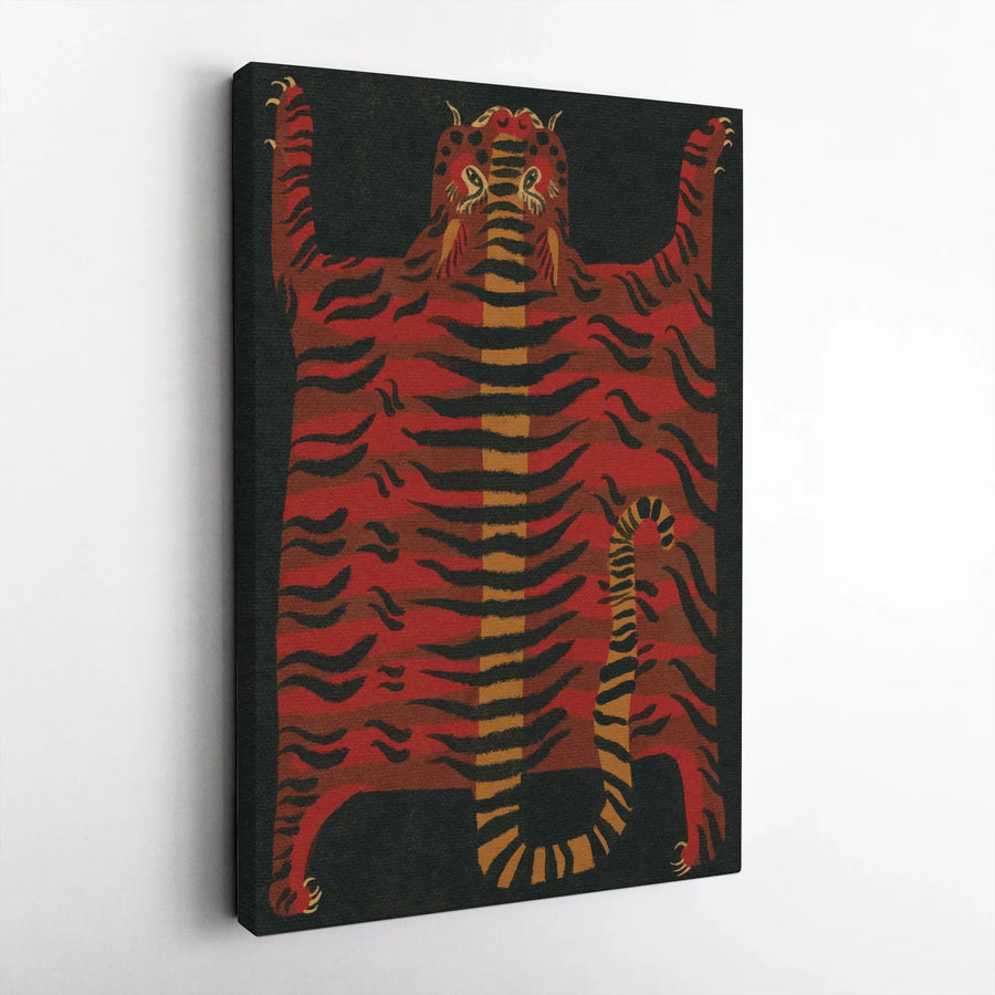 Tibetan Tiger Wall Art Print | Mid Century Modern Folk Motif | Premium Gallery Wrapped Canvas | Eclectic Home Decor Gift for Animal Lovers