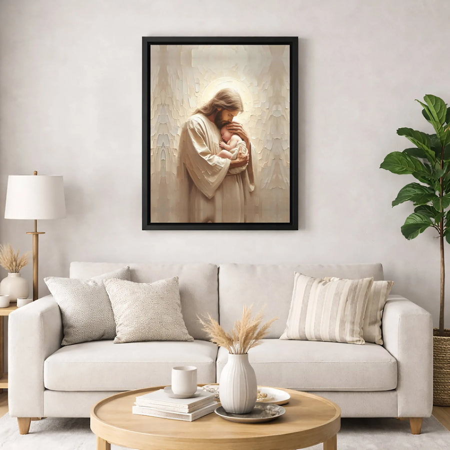 Jesus Holding Baby Canvas Art | Religious Wall Decor Painting | Premium Gallery Wrapped Print | Christian Nursery Gift For New Parents