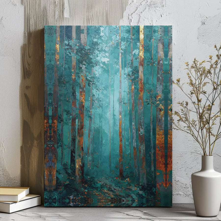 Abstract Forest Canvas Wall Art | Teal and Rust Impressionist Woodland Print | Premium 1.25” Gallery Wrap | Modern Home Office Decor Gift