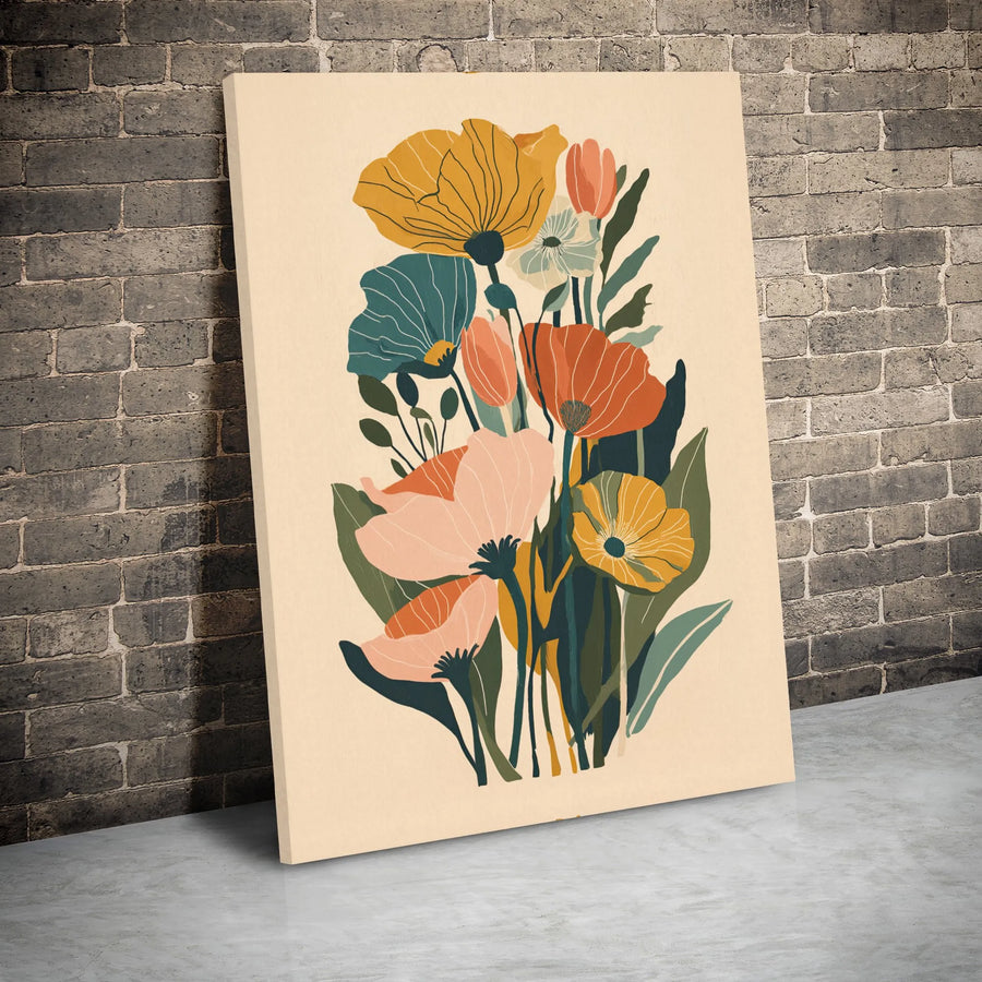 Mid-Century Modern Floral Canvas Wall Art | Abstract Poppy and Tulip Botanical Illustration | Gallery Wrapped Premium Canvas | Aesthetic Home Decor Gift