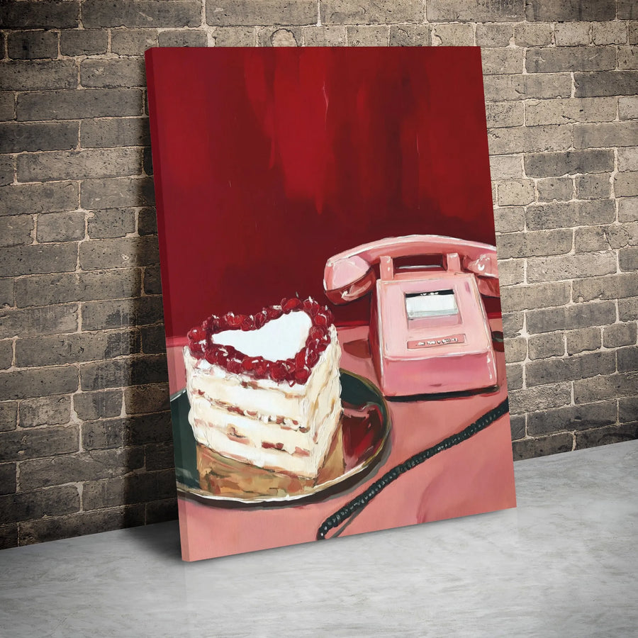 Heart Cake and Vintage Phone Canvas Wall Art | Retro Aesthetic Pink Decor | Premium Gallery Wrap Print | Romantic Bedroom Gift Idea