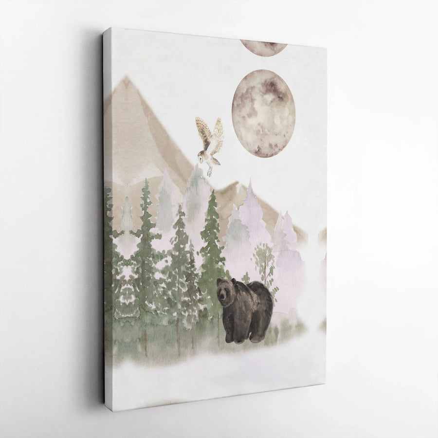 Woodland Bear and Owl Canvas Wall Art | Watercolor Forest Mountain Scene | Premium Gallery Wrapped Canvas | Rustic Nursery Decor Gift