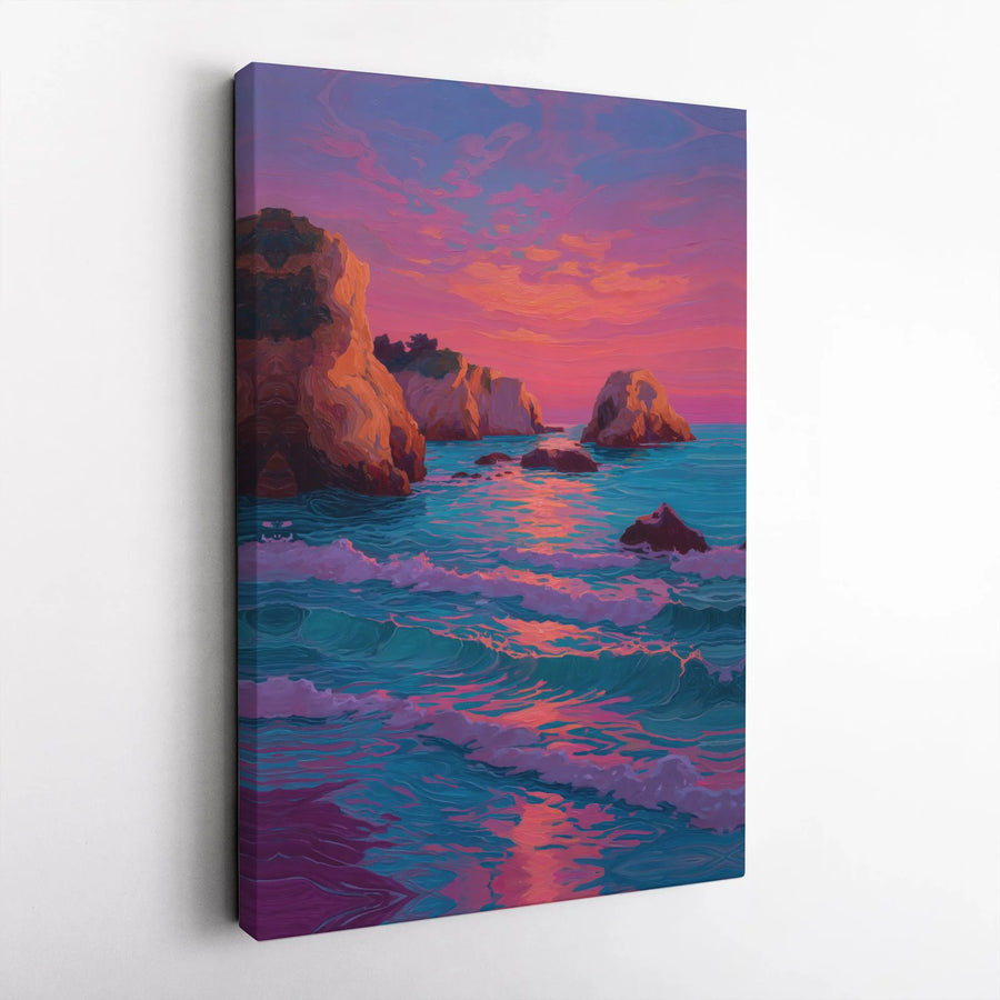 Coastal Sunset Canvas Wall Art | Vibrant Seascape Painting | Thick Gallery Wrapped Canvas | Modern Home Decor Gift
