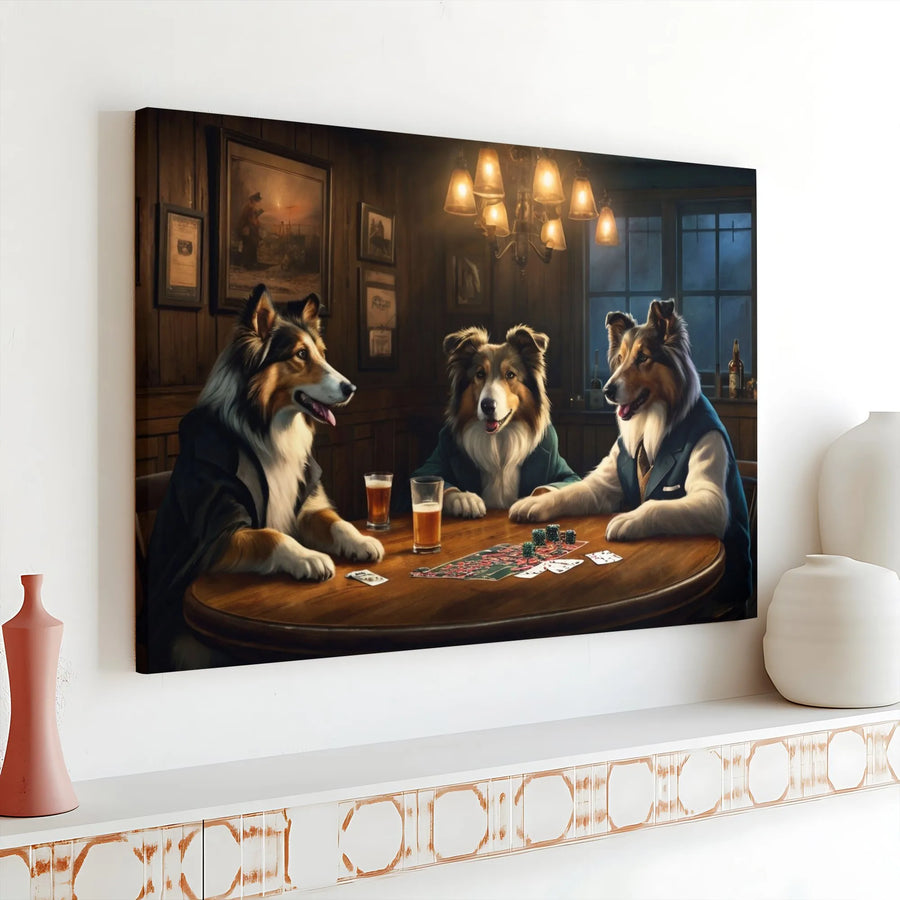 Rough Collie Dogs Playing Poker Canvas | Funny Dog Art in Suits | Premium 1.25 Inch Gallery Wrap | Unique Gift for Dog Lovers & Bar Decor