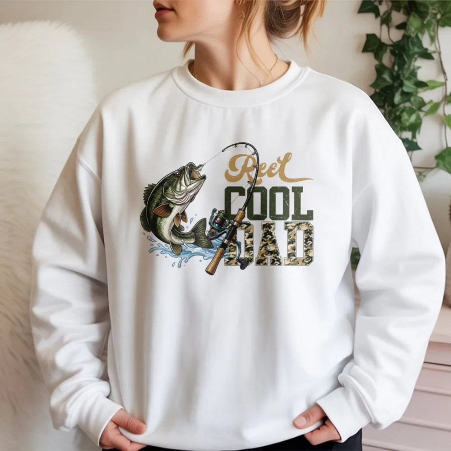 Reel Cool Dad Fishing Sweatshirt | Bass Fish & Rod Graphic | Premium Cotton Blend | Gift for Fisherman Dad