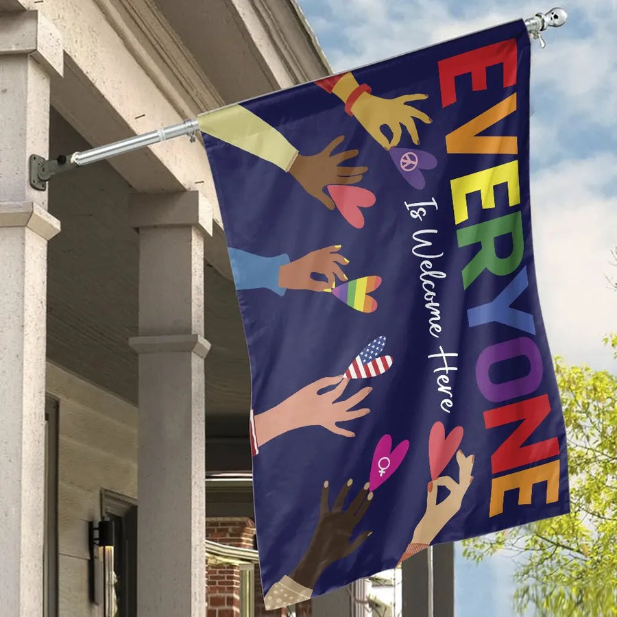 Everyone Is Welcome Here House Flag | LGBTQ+ Pride & Diversity Design | Double-Sided Polyester | Inclusive Yard Decor Gift for Allies