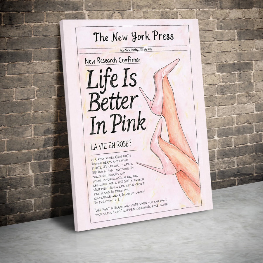 Life Is Better In Pink Canvas Art | Fashion Newspaper Illustration | Premium Gallery Wrap Wall Decor | Chic Gift for Her & Office Decor