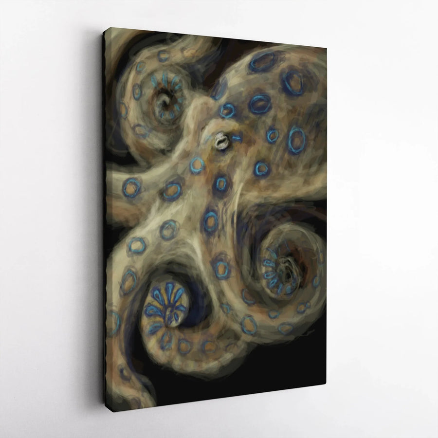 Blue Ringed Octopus Canvas Wall Art | Dark Nautical Painting | Premium Gallery Wrapped Print | Gift for Marine Biologist or Ocean Lover