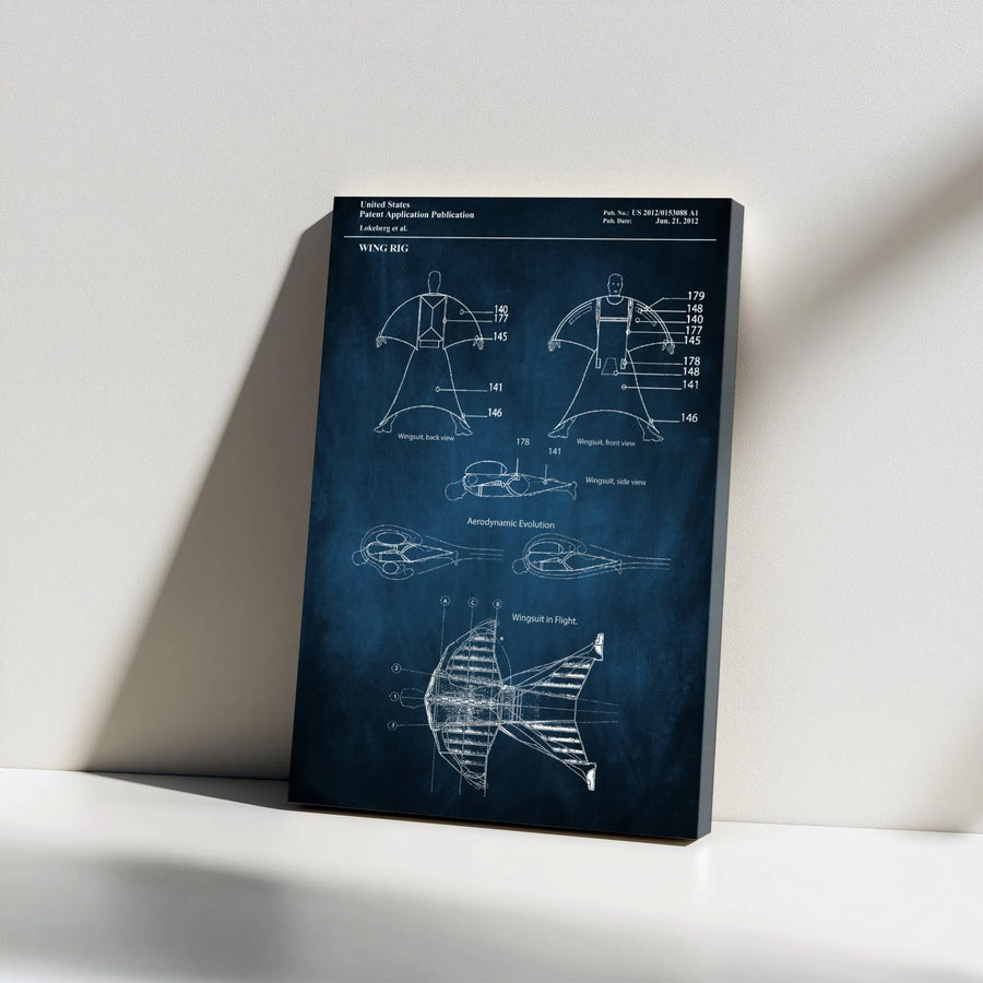 Wingsuit Patent Blueprint Canvas Wall Art | Aviation Technical Drawing | Premium Gallery Wrap Decor | Gift for Pilots & Engineers