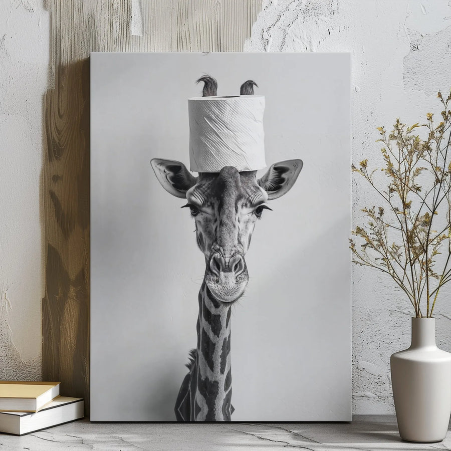 Funny Giraffe Canvas Wall Art | Toilet Paper Head Portrait | Premium Gallery Wrap Print | Whimsical Bathroom Decor & Unique Gift for Animal Lovers