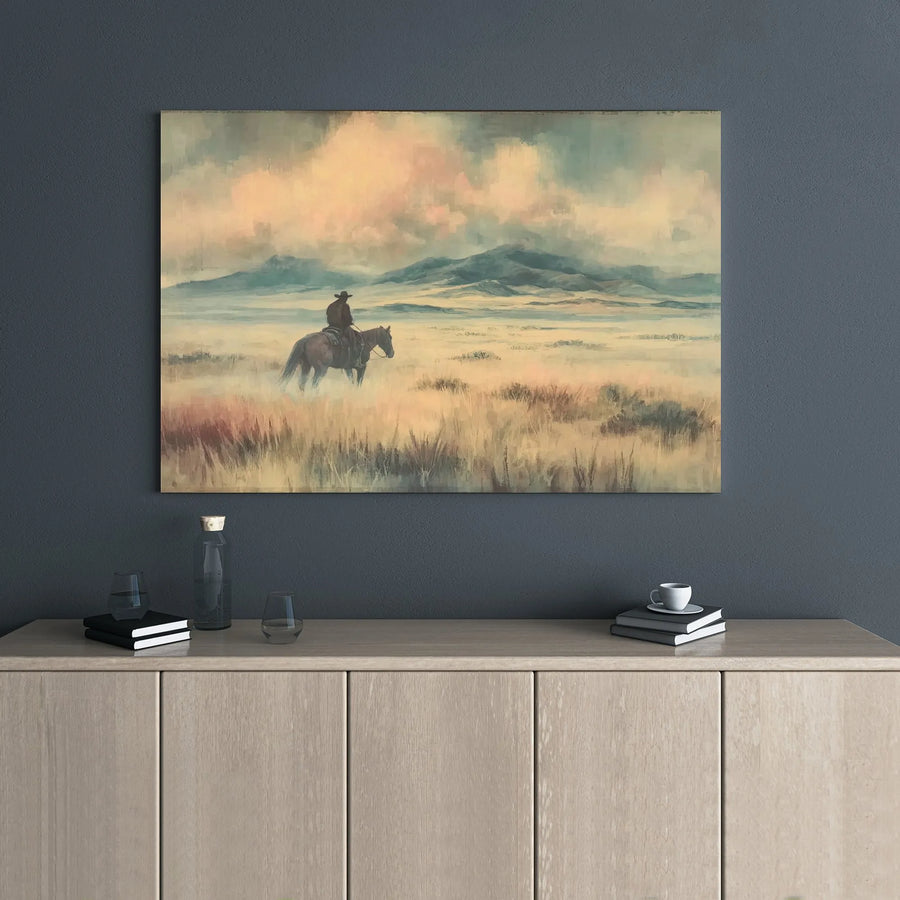 Lone Cowboy Canvas Wall Art | Western Landscape Painting | Premium Gallery Wrapped Print | Rustic Home Decor Gift for Him