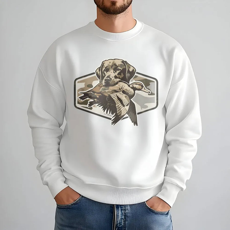Labrador Retriever Duck Hunting Sweatshirt | Camo Waterfowl Dog Graphic | Premium Cotton Blend | Gift for Outdoor Sportsman and Hunters