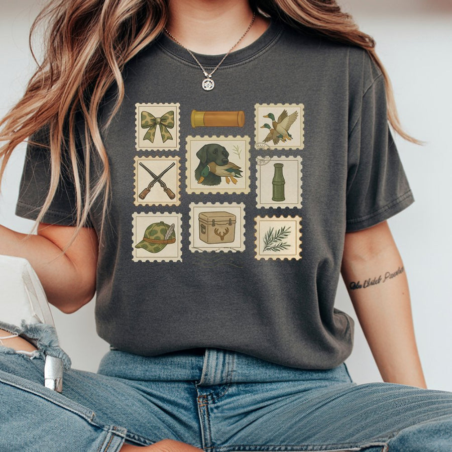 Duck Hunting T-Shirt | Vintage Stamp Collage Graphic | 100% Soft Cotton Tee | Cute Coquette Country Lifestyle Gift for Her