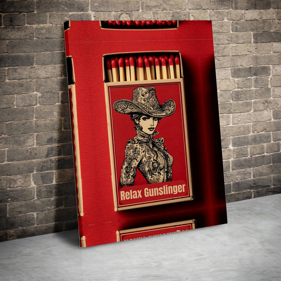 Vintage Cowgirl Matchbox Vertical Canvas | Relax Gunslinger Retro Western Match Book Print | Premium 1.25" Gallery Wrap Wall Art | Cool Aesthetic Home Decor Gift