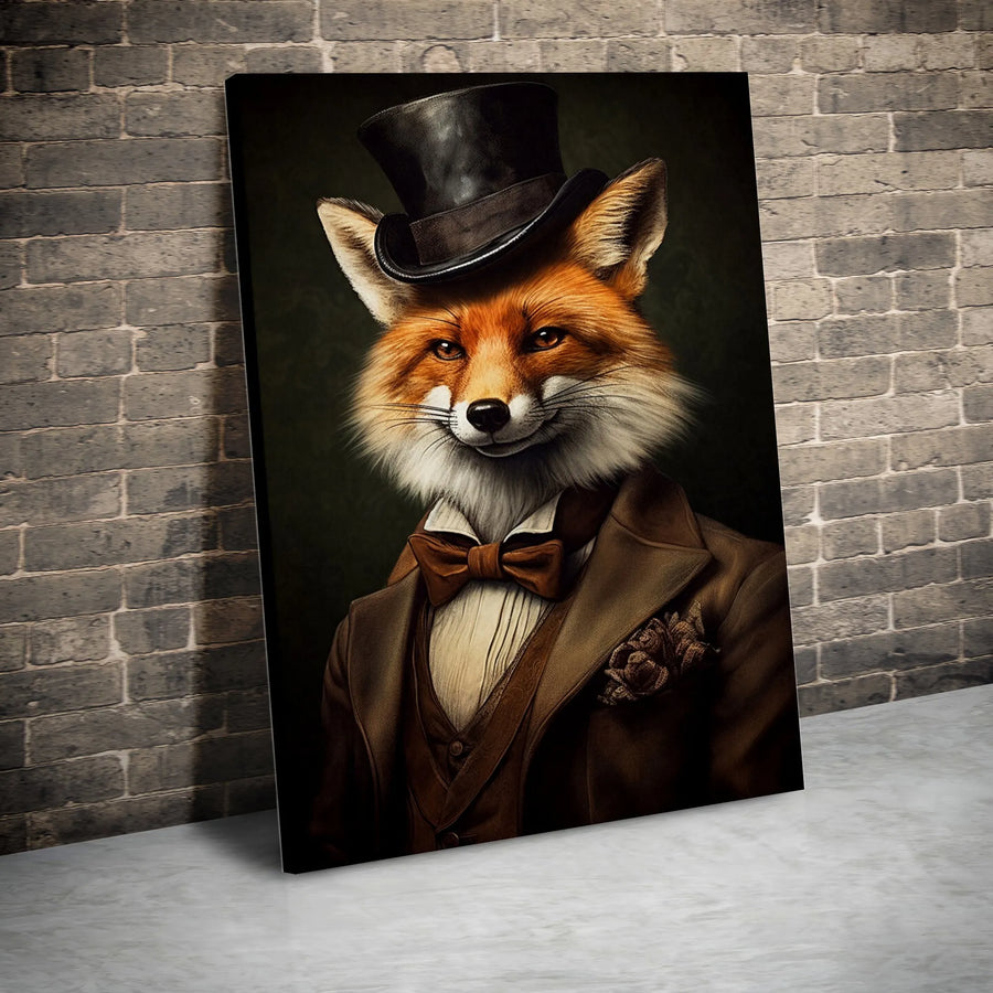 Dapper Fox Wall Art | Gentleman Fox Portrait in Top Hat | Premium Gallery Wrap Canvas | Whimsical Animal Home Decor Gift