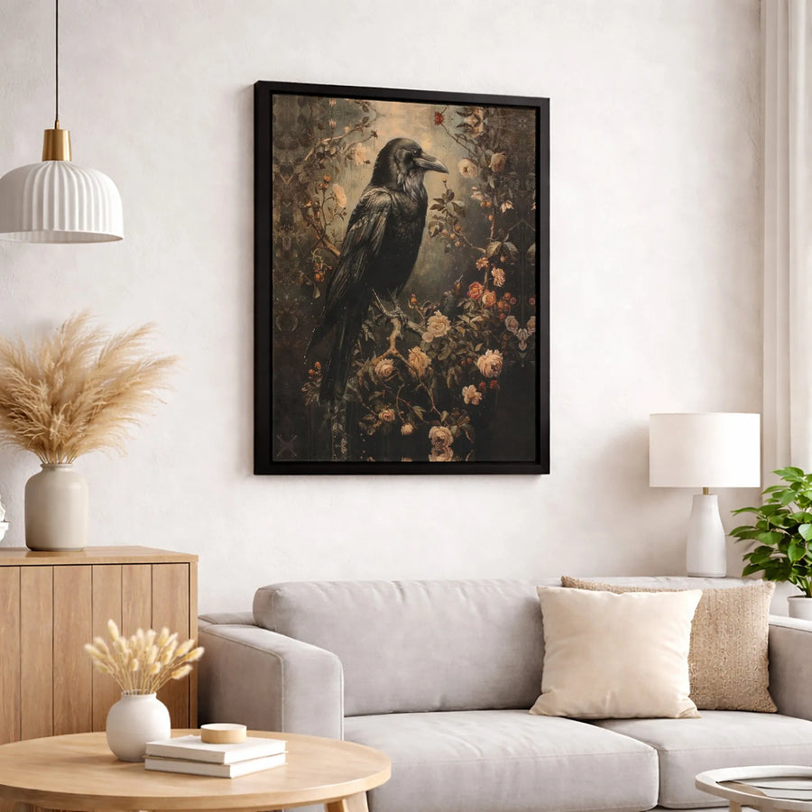 Gothic Raven Canvas Wall Art | Moody Crow on Rose Bush Painting | Premium Gallery Wrapped Canvas | Dark Academia Home Decor Gift