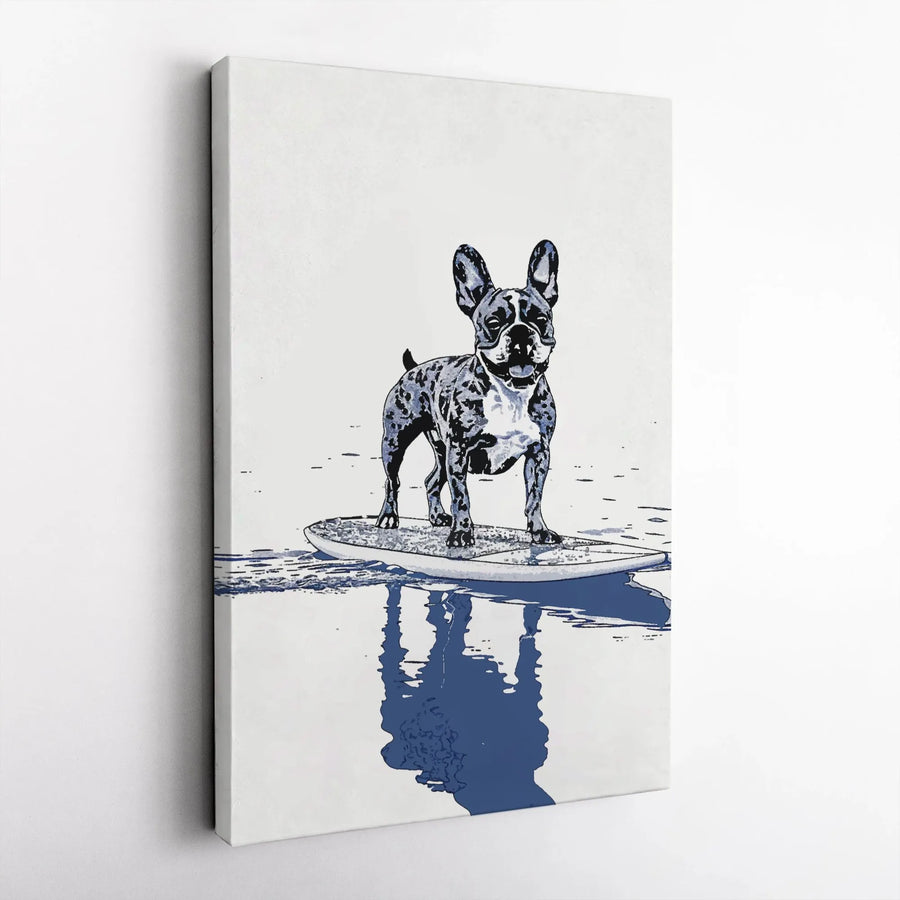 French Bulldog Surfer Canvas Wall Art | Minimalist Surfing Dog Illustration | Premium Gallery Wrapped Canvas | Gift for Dog Lover & Frenchie Mom