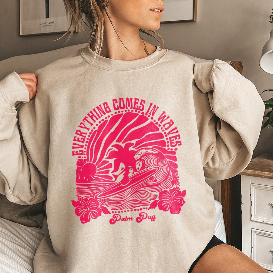 Surfing Graphic Sweatshirt | Everything Comes In Waves Retro Design | Premium Cotton Blend | Gift For Beach Lovers And Surfers