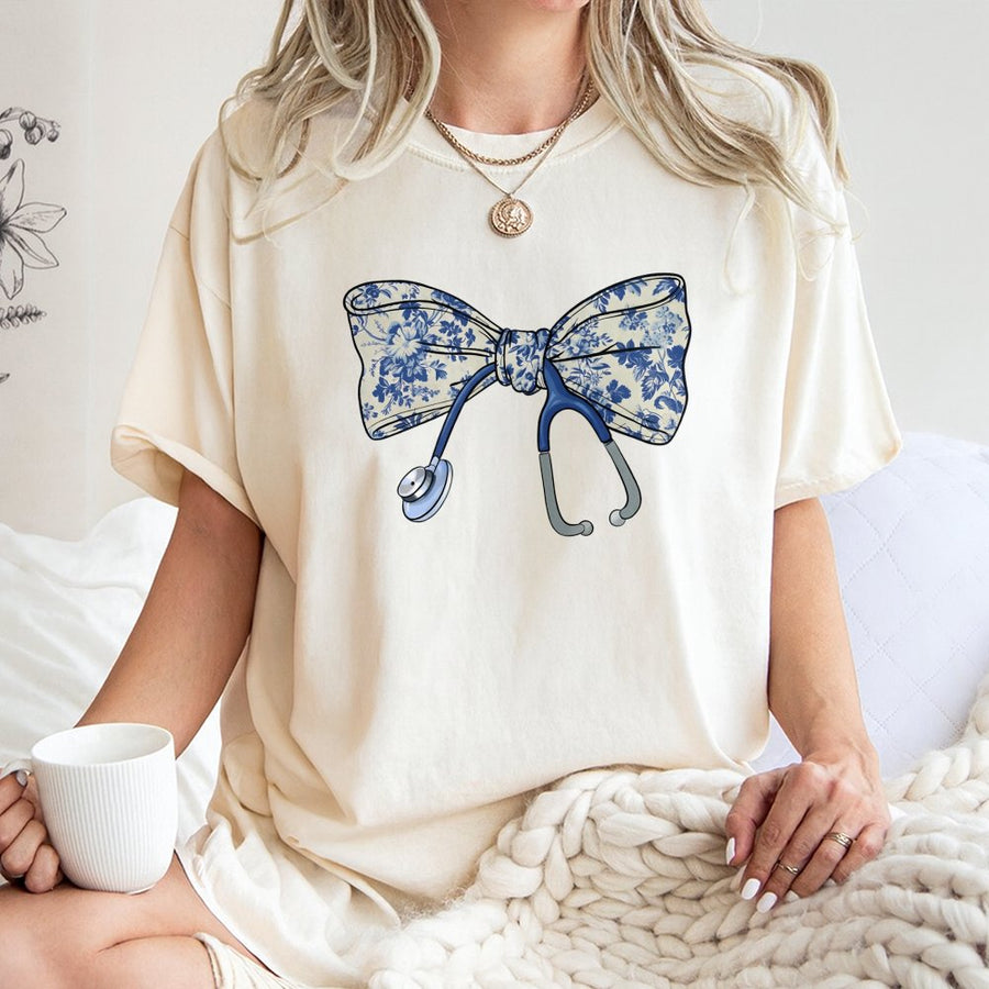 Nurse Stethoscope Bow T-Shirt | Floral Chinoiserie Aesthetic Print | Premium 100% Cotton Tee | Perfect Nursing Student Graduation Gift