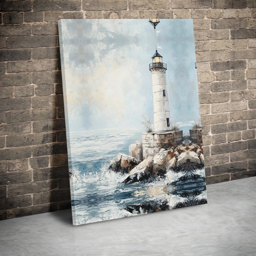 Lighthouse Wall Art Canvas | Painterly Coastal Seascape Print | 1.25-Inch Premium Gallery Profile | Nautical Home Decor Gift for Beach Lovers