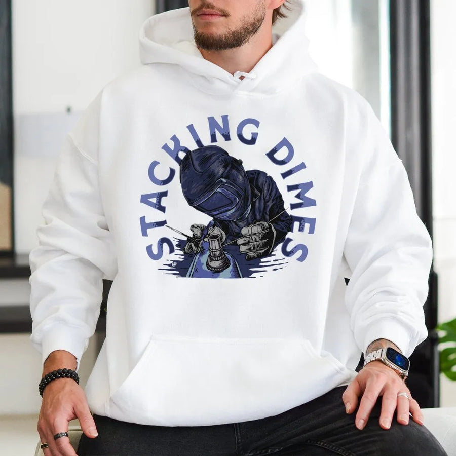 Welder Hoodie | Stacking Dimes Graphic Print | Premium Cotton-Blend Workwear | Gift for Professional Welder, Metalworker, or Tradesman