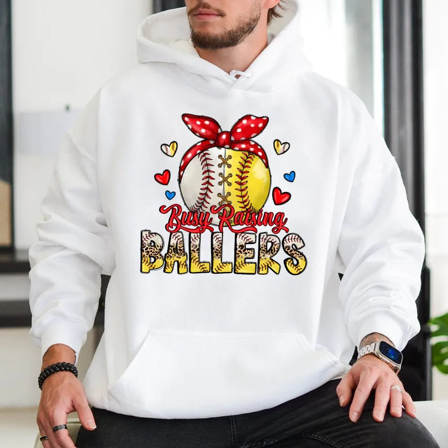 Busy Raising Ballers Hoodie | Softball Baseball Mama Graphic | Premium Cotton Blend | Baseball Mom Game Day Gift