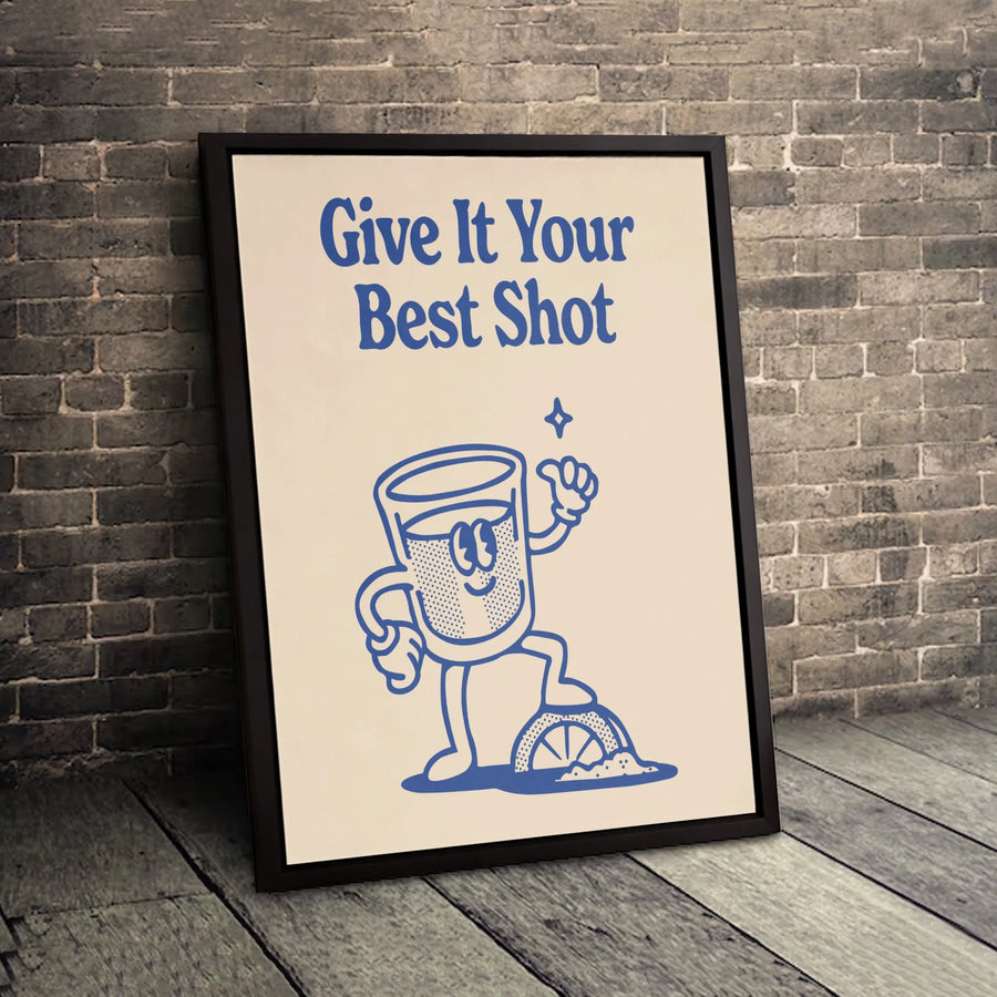 Give It Your Best Shot Canvas Art | Retro Cartoon Bar Decor | Premium Fade-Resistant Gallery Wrap | Fun Home Kitchen Wall Decor Gift