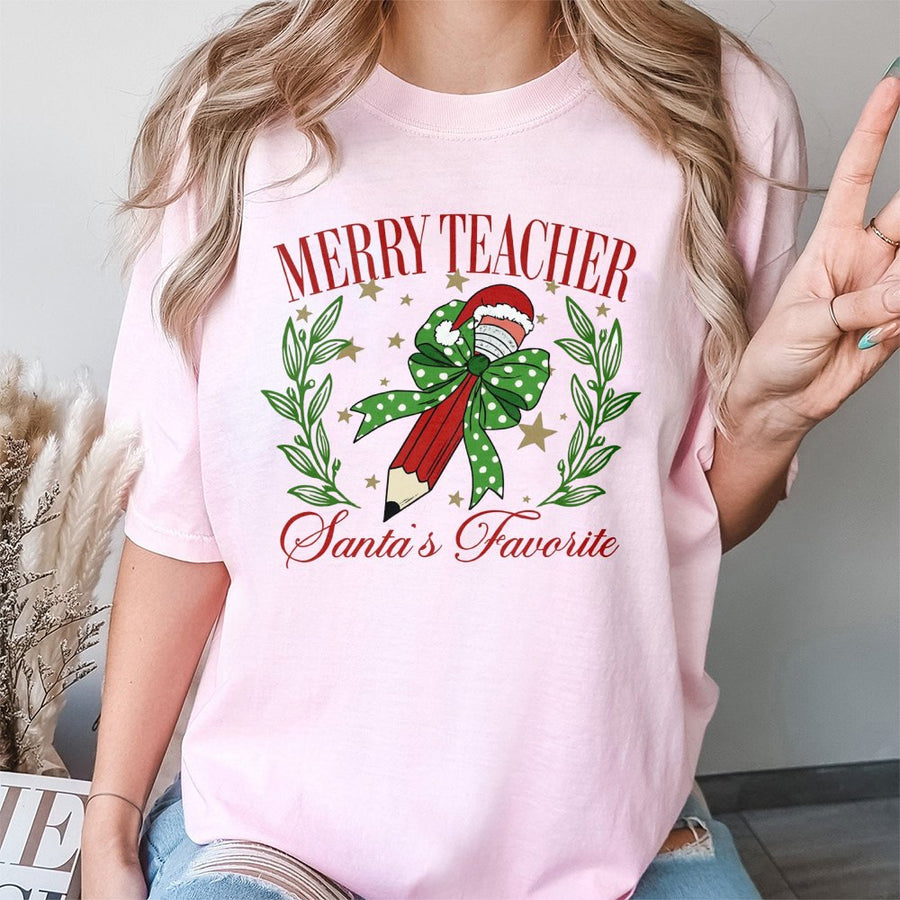 Merry Teacher T-Shirt | Santa's Favorite Pencil Holiday Graphic | 100% Cotton Premium Tee | Cute Christmas Gift for Teachers & Educators