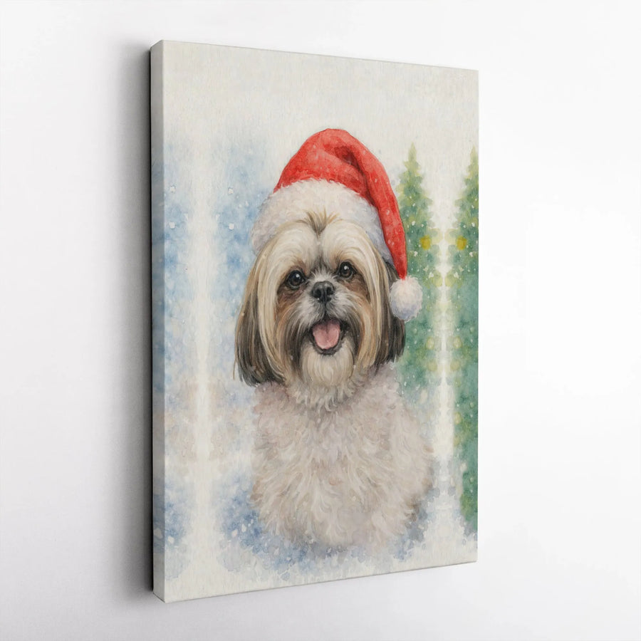 Shih Tzu Christmas Wall Art | Watercolor Dog in Santa Hat | Gallery Wrapped Premium Canvas | Festive Holiday Home Decor Gift for Dog Lovers