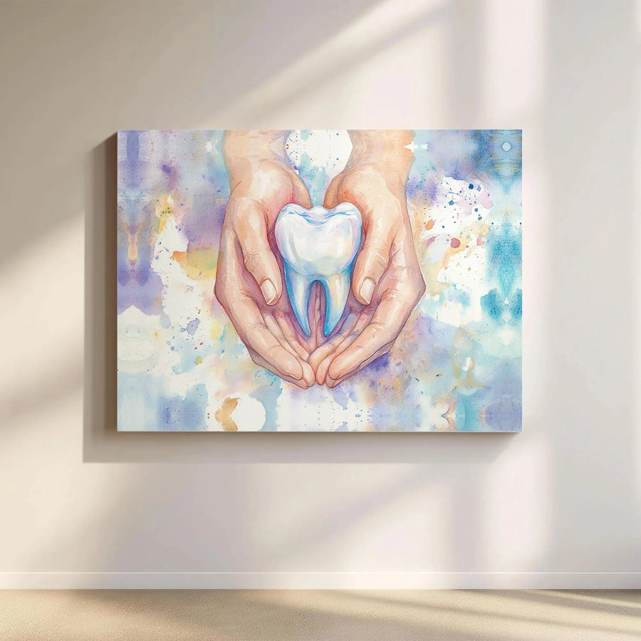 Dental Office Wall Art | Watercolor Tooth In Hands Print | Premium 1.25 Inch Gallery Wrap Canvas | Dentist Office Decor & Dental Hygienist Gift