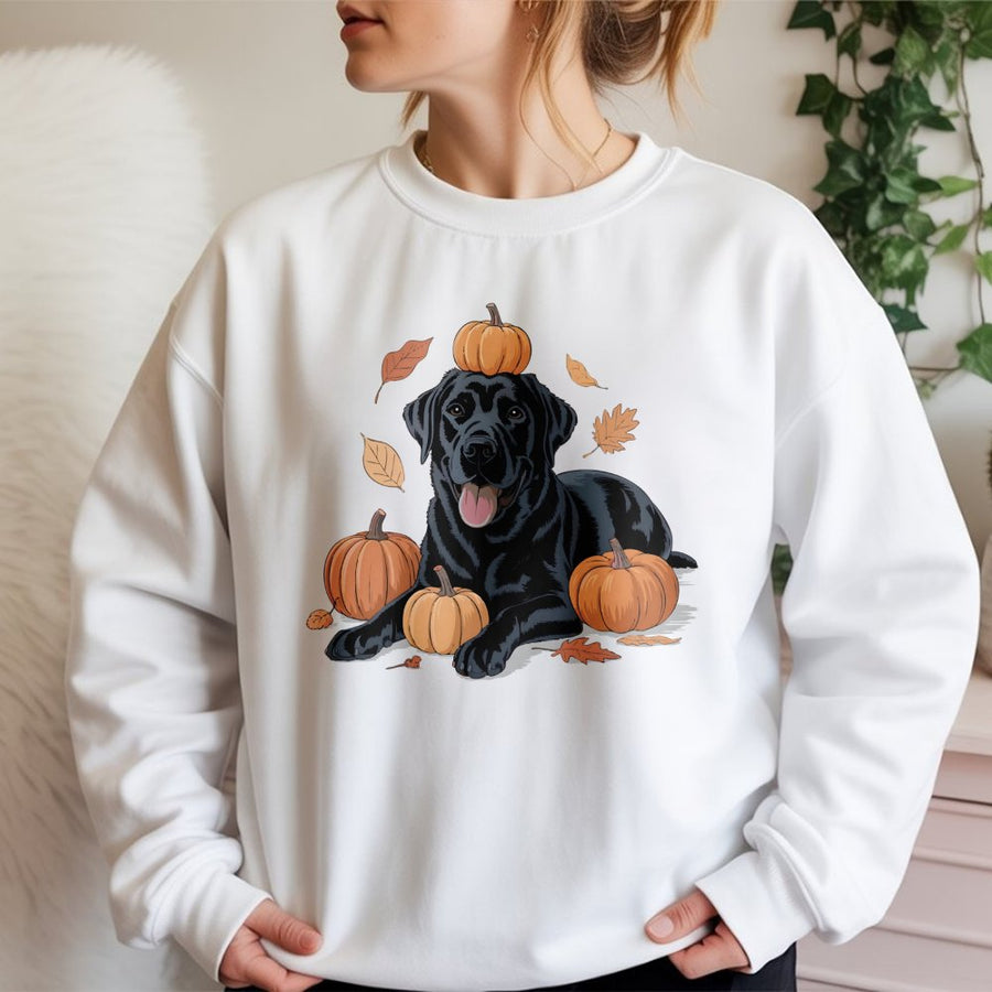 Black Labrador Sweatshirt | Fall Pumpkin Patch Graphic Design | Soft Cotton Blend Crewneck | Cute Autumn Dog Lover Gift For Women & Men