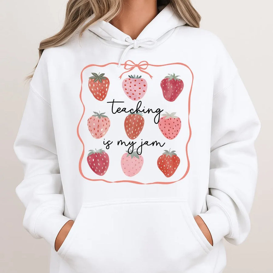 Teaching Is My Jam Hoodie | Cute Strawberry Graphic Crewneck | Premium Cotton Blend | Teacher Appreciation Gift, Back to School Outfit