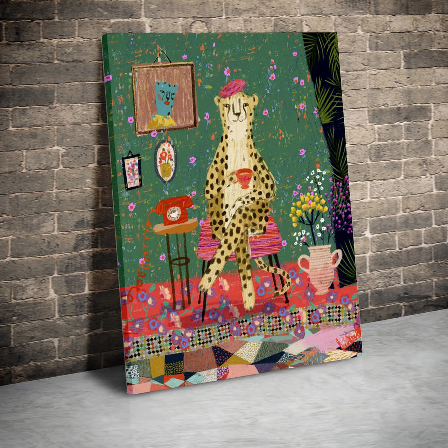 Eclectic Cheetah Canvas Print | Whimsical Animal with Beret Wall Art | Premium 1.25" Thick Canvas | Maximalist Home Decor Gift for Her