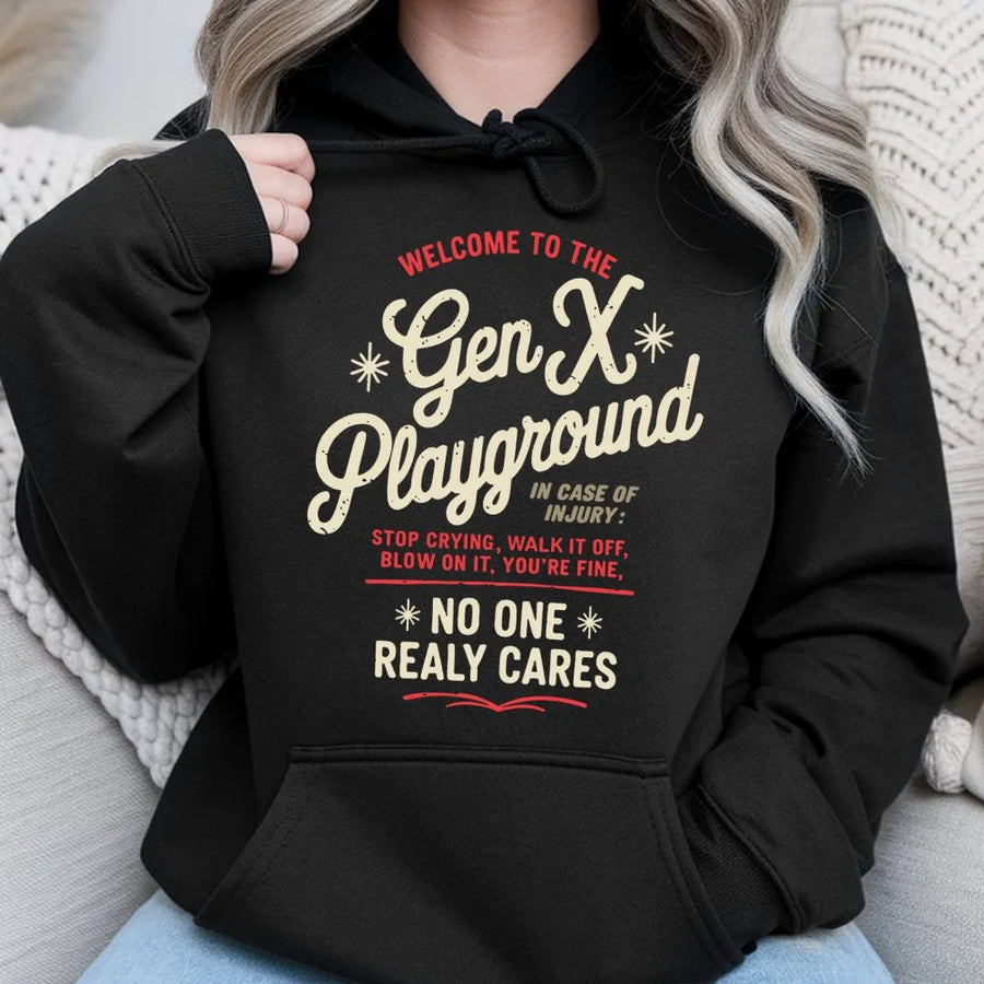 Gen X Playground Hoodie | Funny Sarcastic Generation X Gift | Soft Cotton-Poly Blend Sweatshirt | Retro 80s 90s Childhood Humor Pullover