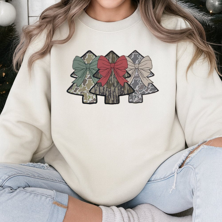 Camo Christmas Tree Sweatshirt | Coquette Bow Holiday Graphic | Soft Cotton Blend Crewneck | Festive Hunting Gift for Women and Men