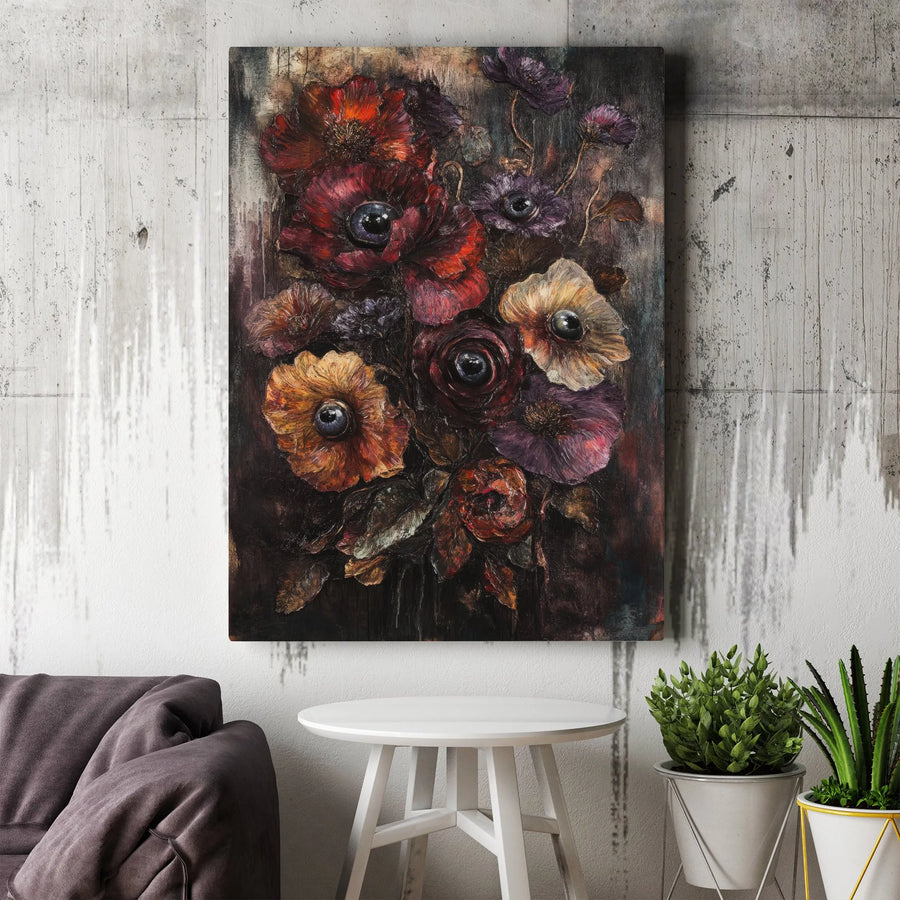 Gothic Surreal Eye Flower Canvas Wall Art | Dark Academia Floral Bouquet Painting | Premium Gallery Wrapped Decor | Unique Home Gift For Art Lovers