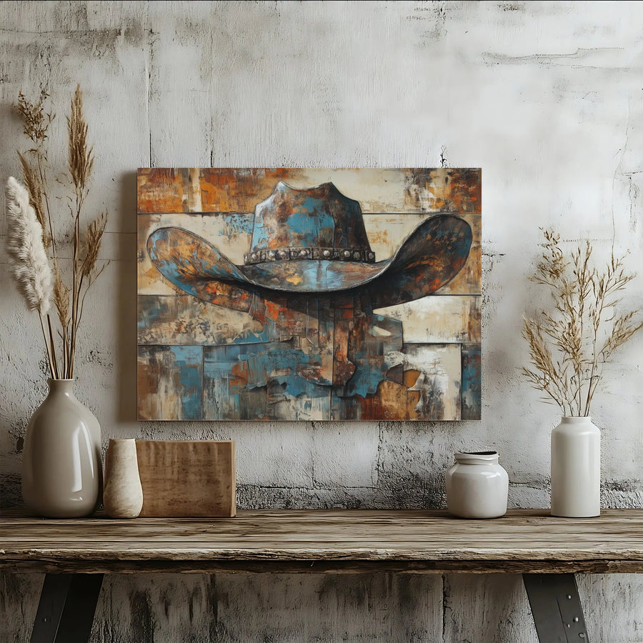 Western Cowboy Hat Canvas Art | Rustic Abstract Wall Decor | Premium Fade-Resistant Print | Framed or Unframed Gallery Quality Art for Home