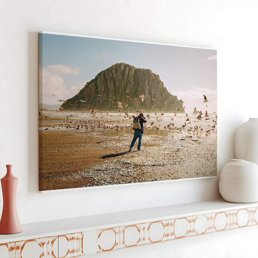 Morro Rock Beach Canvas Wall Art | Coastal Photographer & Seagulls Scene | Premium Fade-Resistant Print | California Landscape Decor Gift