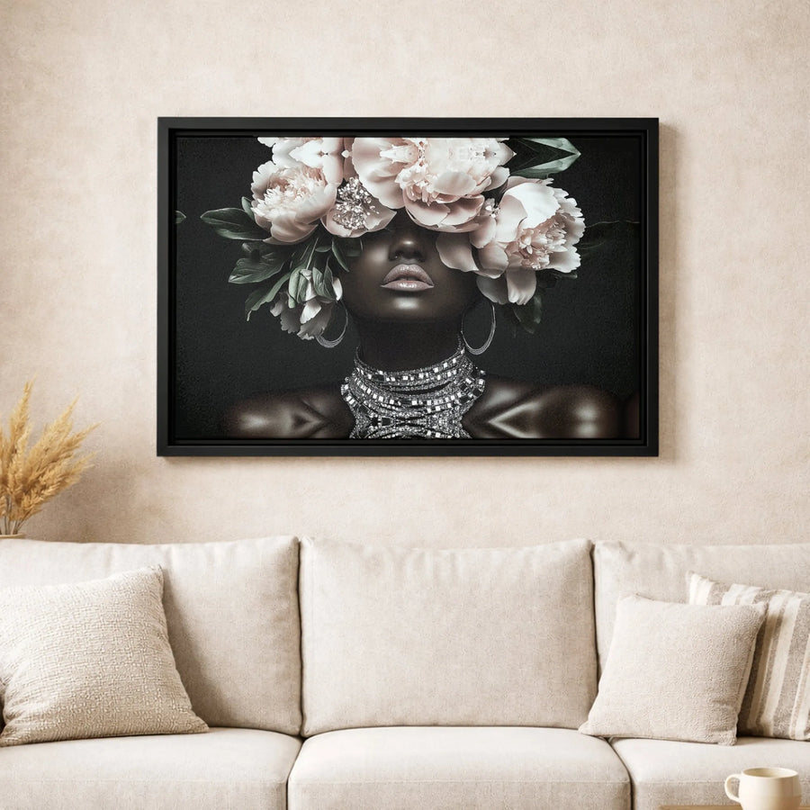 Black Woman Canvas Art | Peony Flower Headdress Portrait | Premium Gallery Wrap Wall Decor | Modern African American Aesthetic Gift