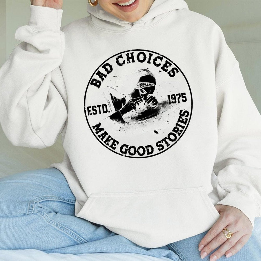 Bad Choices Make Good Stories Hoodie | Edgy Nun Illustration Graphic | Premium Cotton Blend | Funny Sarcastic Gift for Adults