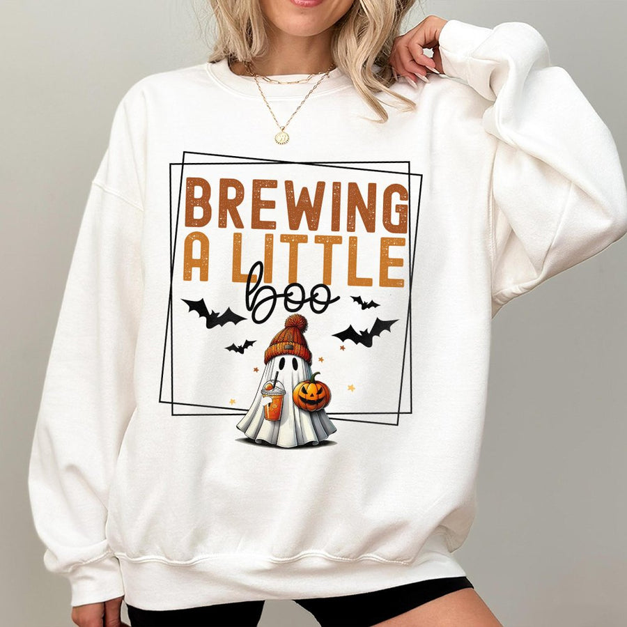 Brewing A Little Boo Sweatshirt | Cute Ghost Pumpkin Coffee Halloween Design | Premium Cotton Blend | Gift For Mom Maternity Fall Shirt