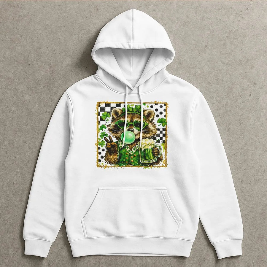 St. Patrick's Day Raccoon Hoodie | Funny Irish Beer Drinking Graphic | Premium Cotton Blend | Gift For Him Her Beer Lover