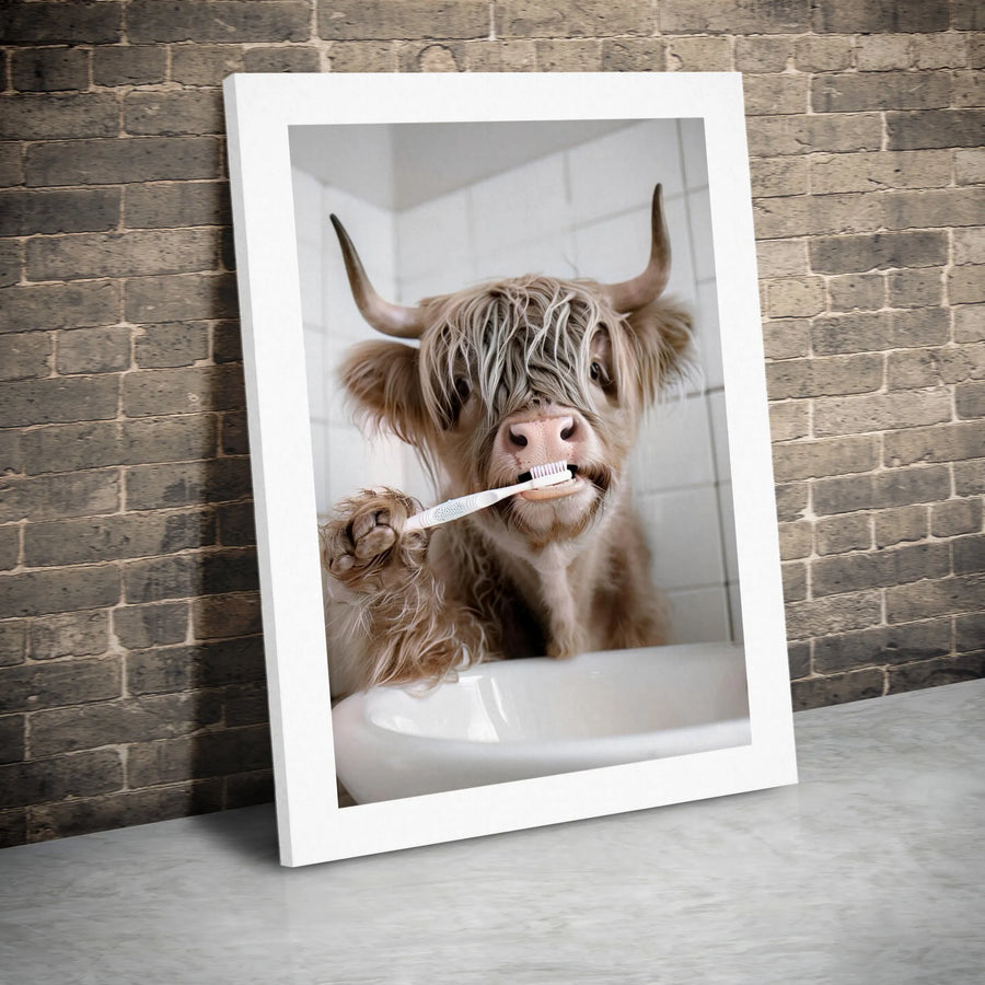 Highland Cow Wall Art | Funny Bathroom Decor Brushing Teeth | Premium Gallery Wrap Canvas | Unique Farmhouse Home Gift