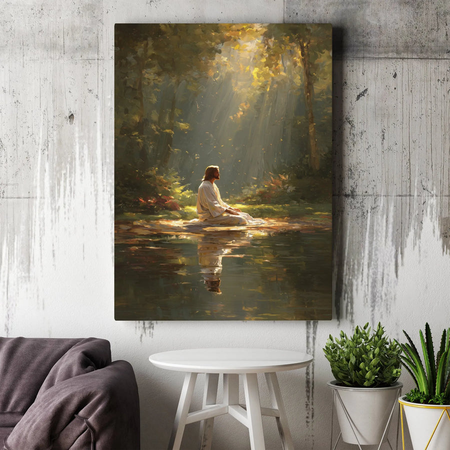 Jesus Christ Vertical Canvas | Meditating in Serene Forest Painting | Premium 1.25" Thick Gallery Canvas | Christian Home Decor Gift for Family