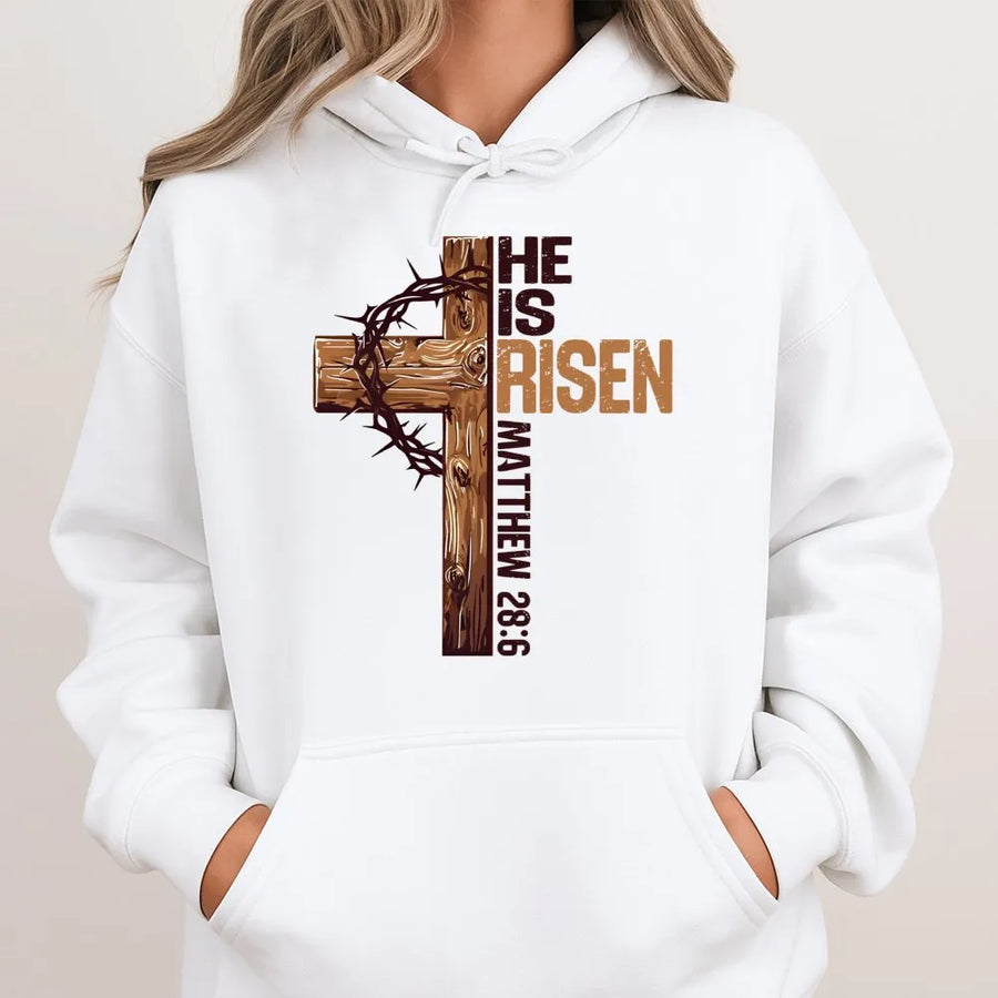 He Is Risen Hoodie | Crown of Thorns Cross Matthew 28:6 Graphic | Premium Cotton Blend | Religious Easter Gift for Men and Women