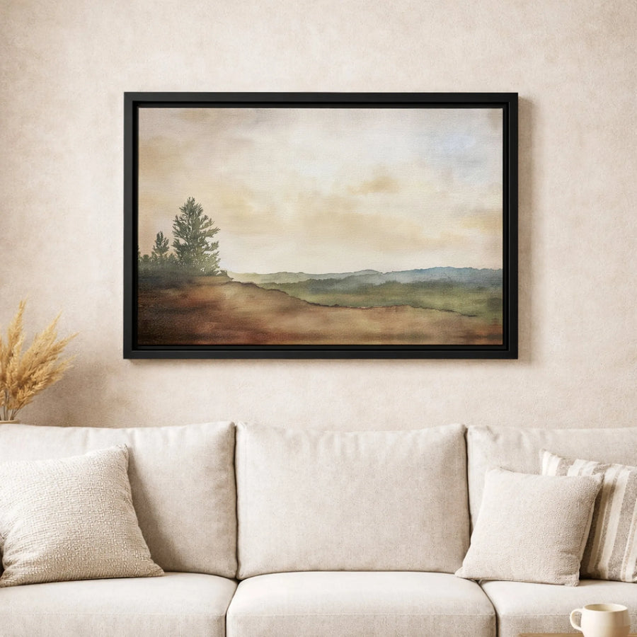 Misty Landscape Canvas Wall Art | Neutral Pine Tree Rolling Hills Painting | Premium Gallery Wrap Print | Modern Farmhouse Living Room Decor