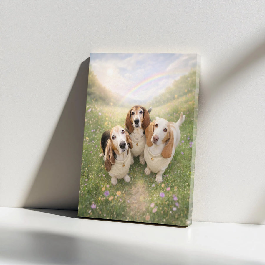 Basset Hound Canvas Wall Art | Rainbow Bridge Pet Memorial Portrait | Premium Gallery Wrapped Canvas | Gift for Dog Lover